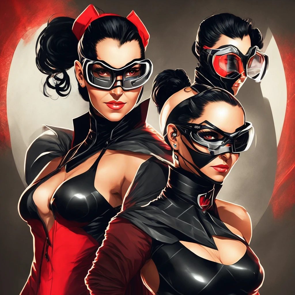 A 34-years-old villain scientist woman with black hair tied in a ponytail and a skinny. There is a scar on the right side of her face. She wears goggles with bright red lenses. She wears a black leather gown and black leather gloves. Under the shirt is a long-sleeved gray shirt and black straight-legged pants. She has hawk-like eyes.