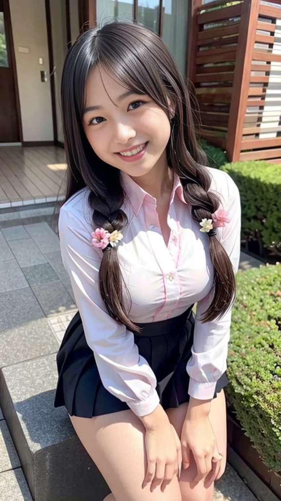 Raw photo、Ultra-realistic、Ultra detailed face、Detail lips、Detailed eyes、High school girl smiling showing her teeth、Long Hair:1.1、chest、Visible curves、Laughing with your mouth open 、Tokyo city角、 Whole body、( Slender body)、(Long Hair)、Big Breasts、Idol、(pastel colour)、18-year-old、Small face、Braid、 Tokyo city、Long beautiful legs 1.2、Curved waist、flower、uniform、blouse