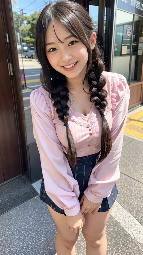 Raw photo、Ultra-realistic、Ultra detailed face、Detail lips、Detailed eyes、High school girl smiling showing her teeth、Long Hair:1.1、chest、Visible curves、Laughing with your mouth open 、Tokyo city角、 Whole body、( Slender body)、(Long Hair)、Big Breasts、Idol、(pastel colour)、18-year-old、Small face、Braid、 Tokyo city、Long beautiful legs 1.2、Curved waist、flower、uniform、blouse