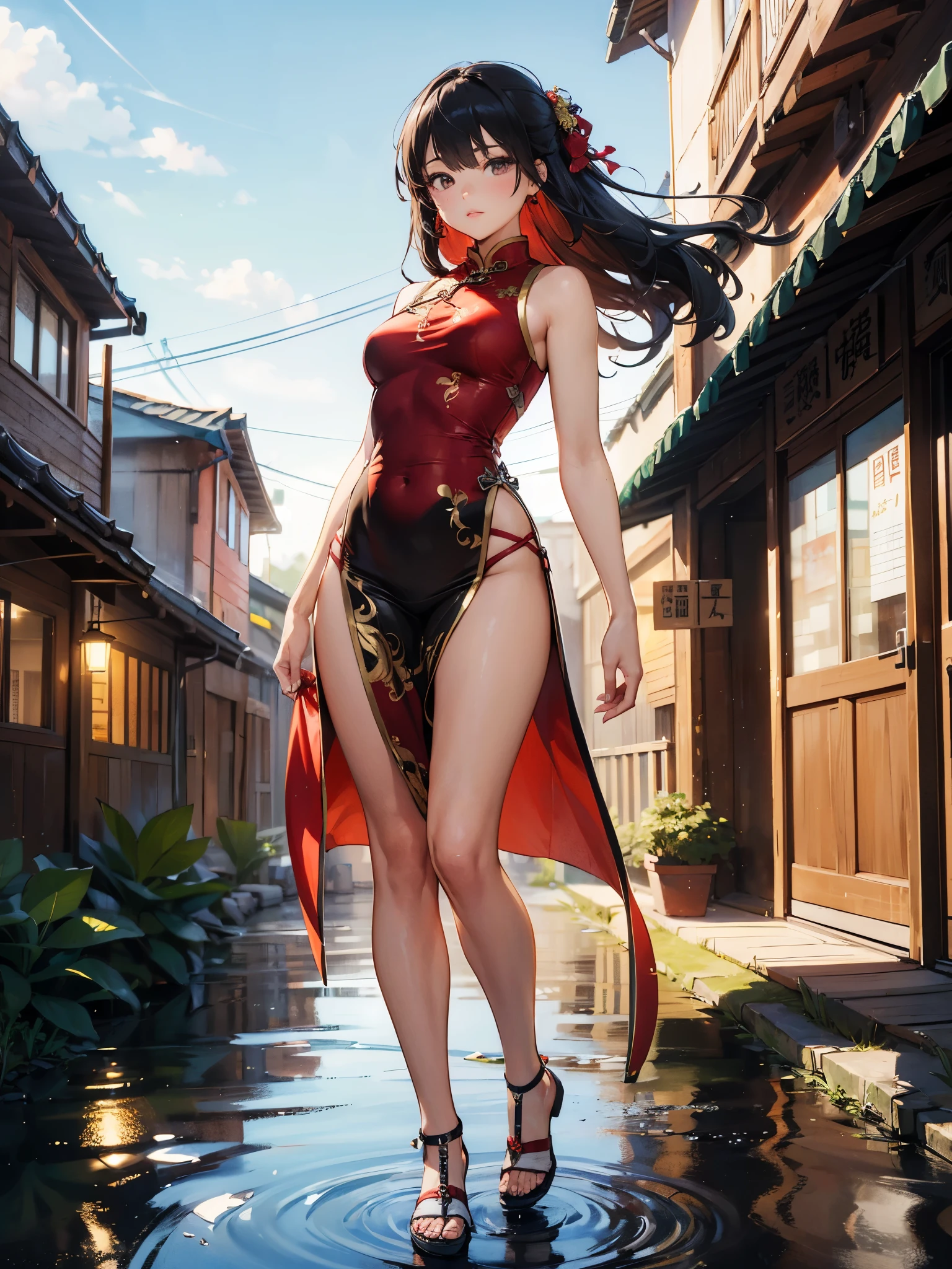 beautiful, perfect body proportions, curvaceous, slim, red lace cheongsam with black linings, wavy hair flowing in the wind, detailed chinese medieval city in background, photorealistic
sultry look, seductive