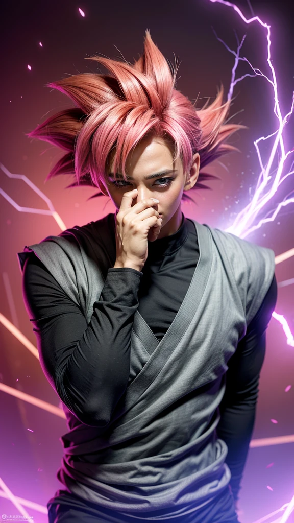 ((masterpiece, best quality)),(complex light), 1boy,solo,upper body, goku black,pink hair,pink eyes, destroyed debris background,red aura, cinematic