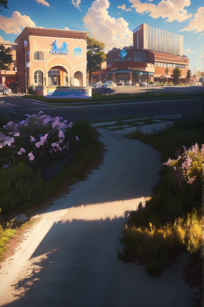 painting of a large building with a sign in front of it, town center background, mall background, photorealistic imagery, a photorealistic rendering, photorealistic streetscape, realistic photo of a town, pixar rendering, realistic establishing shot, realistic cgi render, detailed photo of virtual world, digitally painted, photorealistic landscape, rich environment, beautiful environment, photorealistic rendering