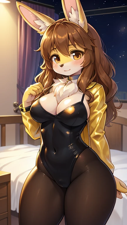 best quality, best resolution, (fluffy anthro furry), golden retriever girl, brown hair, curly hair, dog easr, (light yellow fur), medium breast, thick thighs, (bunny suit, fake white bunny ears, pantyhose), standing, bedroom, nighttime 