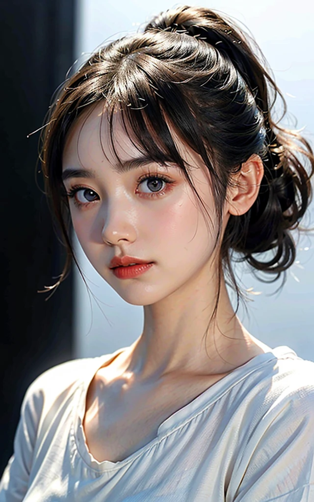 masterpiece, best picture quality, Extreme details, ultra high resolution, ultra high definition, Beautiful girl, woman, shiny skin, thin, black hair, short ponytail, 1, big eyes, beautiful eyes, lipstick, Exquisite facial features, bust, look at the viewer, t-shirt, single tone background, White background, soft light