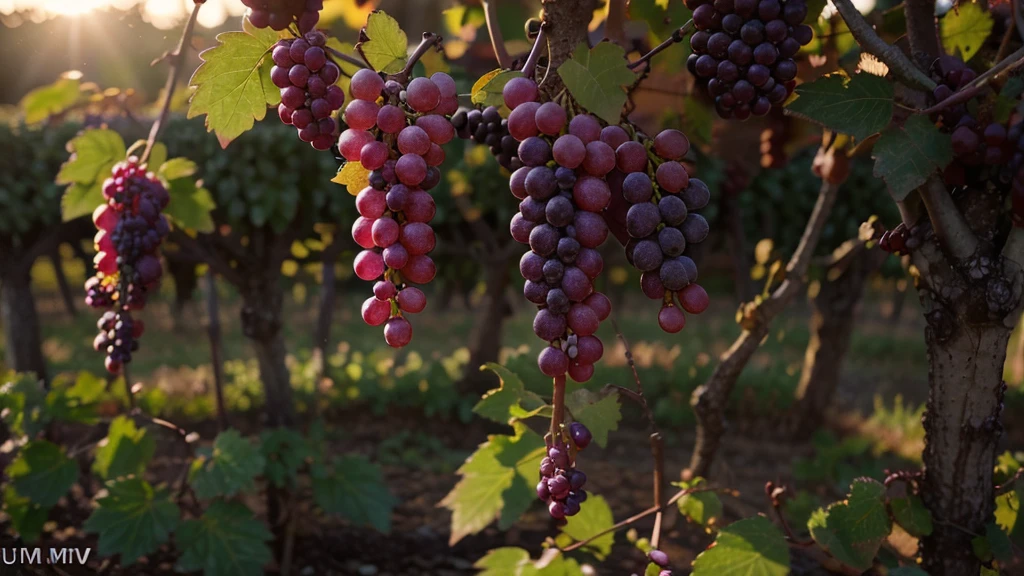 a realistic photo of light pink koshu grapes with dew drops and multicolor light-reflections set in a vineyard. UHD 8k, perfect lighting, pleasant colors.