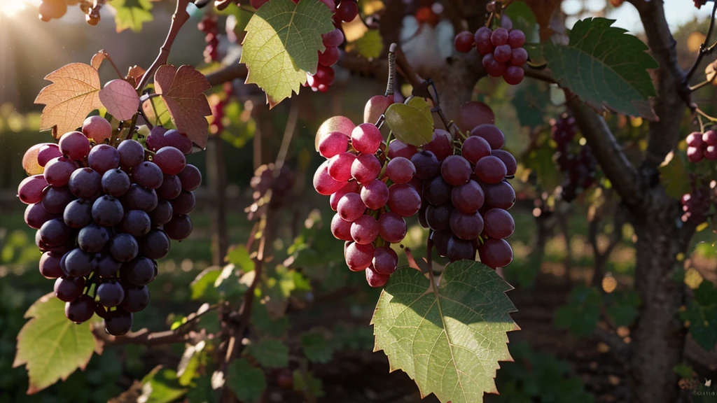 a realistic photo of light pink koshu grapes with dew drops and multicolor light-reflections set in a vineyard. UHD 8k, perfect lighting, pleasant colors.