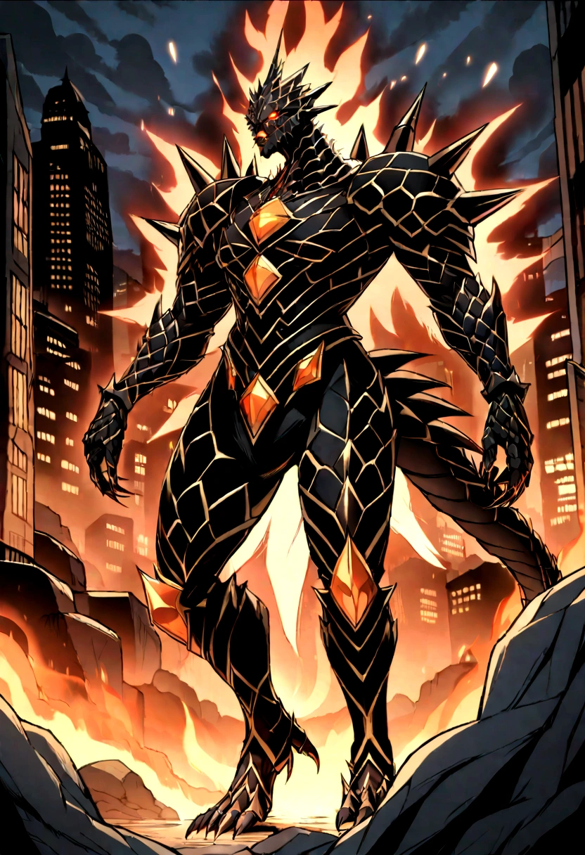 Original Kaiju armor form of a human, sharp, obsidian-like plates that overlap like armor, Elongated and somewhat reptilian head, with a pronounced crest of jagged obsidian spikes running from the forehead to the back of the neck. Four glowing, amber eyes are set deep in the skulls, arms with massive claws and blades, feet have three large, taloned toes, A long, whip-like tail ending in a mace-like cluster of obsidian spike, orange lines and aura in between armor. HD. city background destroyed