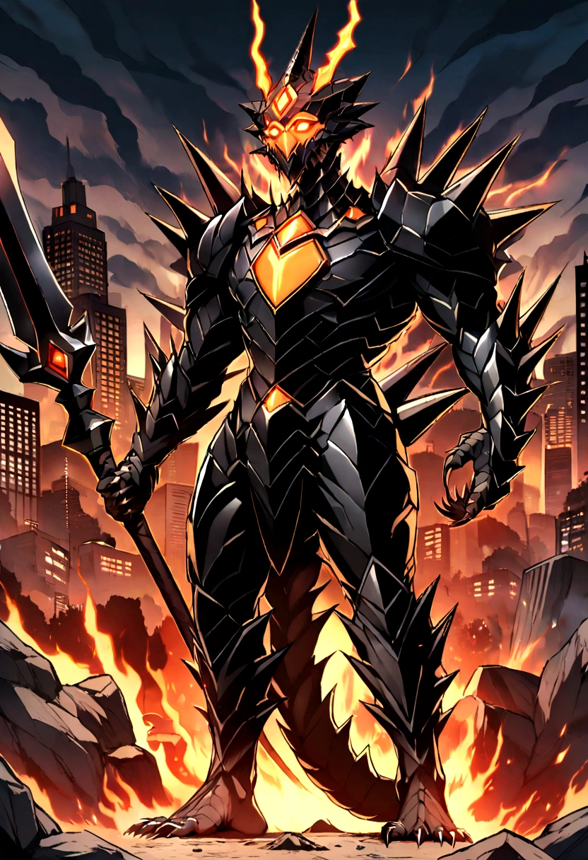 Original Kaiju armor form of a human, sharp, obsidian-like plates that overlap like armor, Elongated and somewhat reptilian head, with a pronounced crest of jagged obsidian spikes running from the forehead to the back of the neck. Four glowing, amber eyes are set deep in the skulls, arms with massive claws and blades, feet have three large, taloned toes, A long, whip-like tail ending in a mace-like cluster of obsidian spike, orange lines and aura in between armor. HD. city background destroyed