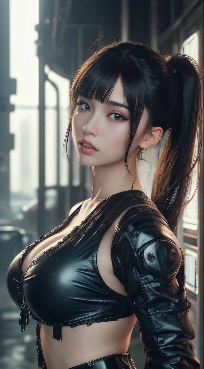 Highly Detailed Face and Skin Texture,  Brown eyes, juicy lips, bimbo lips,  pale skin,  (pale skin), Detailed Eyes, Double Eyelids,  wet skin, black pony tail, boob, cyberpunk beautiful girl, tube top