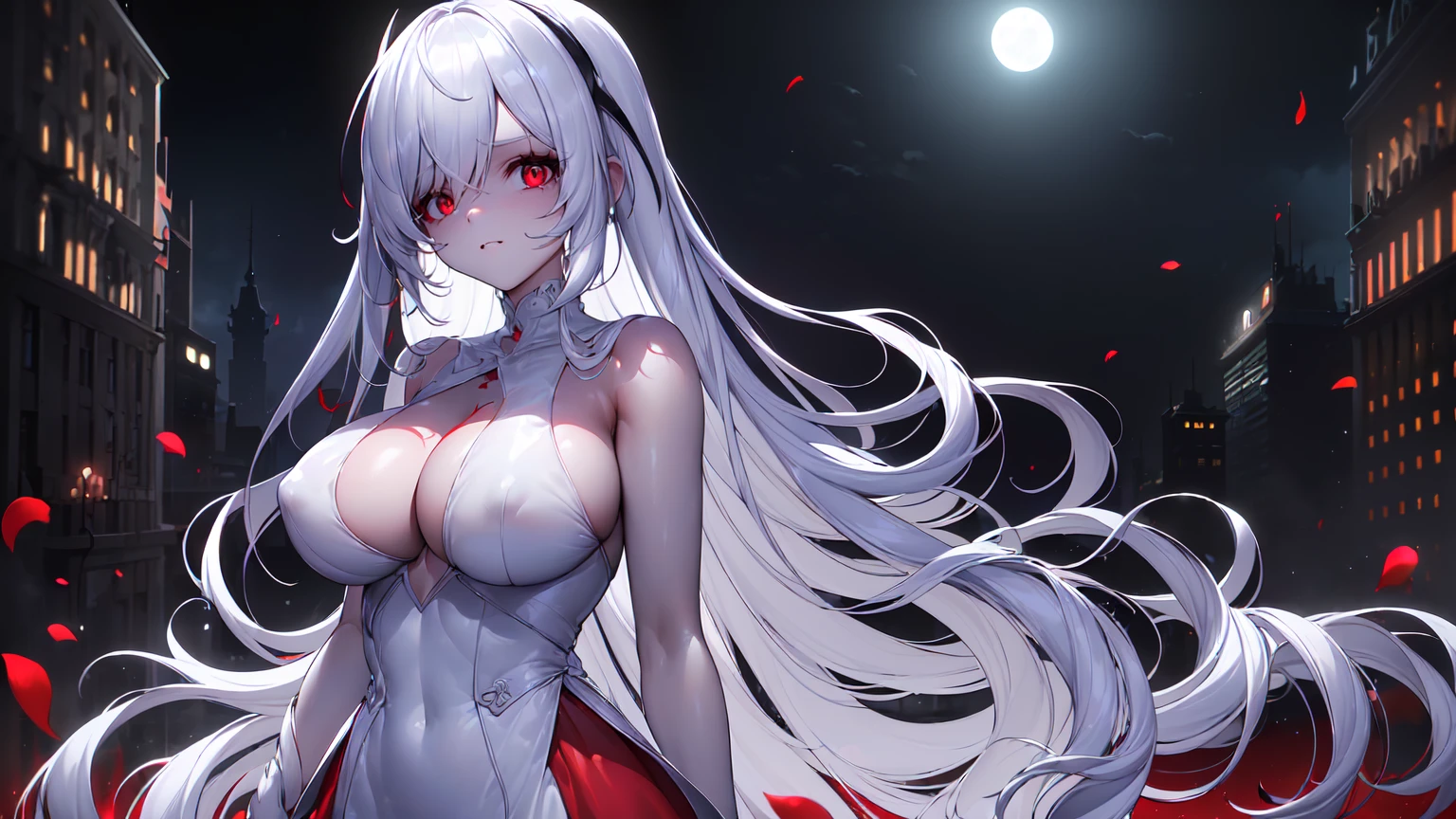 ((((Obra maestra, La mejor calidad, ultrahigh resolution)))), 1girl, standing,), ((long pure silver hair, hair over eye)), long hair cut, shiny skin, ((red eyes)), glowing_eyes, neon eyes, (ultra detailed eyes:0.7, beautiful and detailed face, detailed eyes:0.9), ((centered)), smirk, facing viewer, ((vibrant background, dark lighting, summer, sunlight)), large chested, looking at viewer, ((half closed eyes)), ((perfect hands)), (((head:1, arms, hips in view, elbows, in view))), ((hands behind back)), empty eyes, beautiful lighting, ((outside, outdoors)), defined subject, head tilt, (((gritty)), ((creepy)), ((cool)), ((beautiful)), (((SFW))), hair ornament, petals in the air, moon in the sky, city, mature woman, adult woman, sfw, pink and white dress, night dress, she is a princess