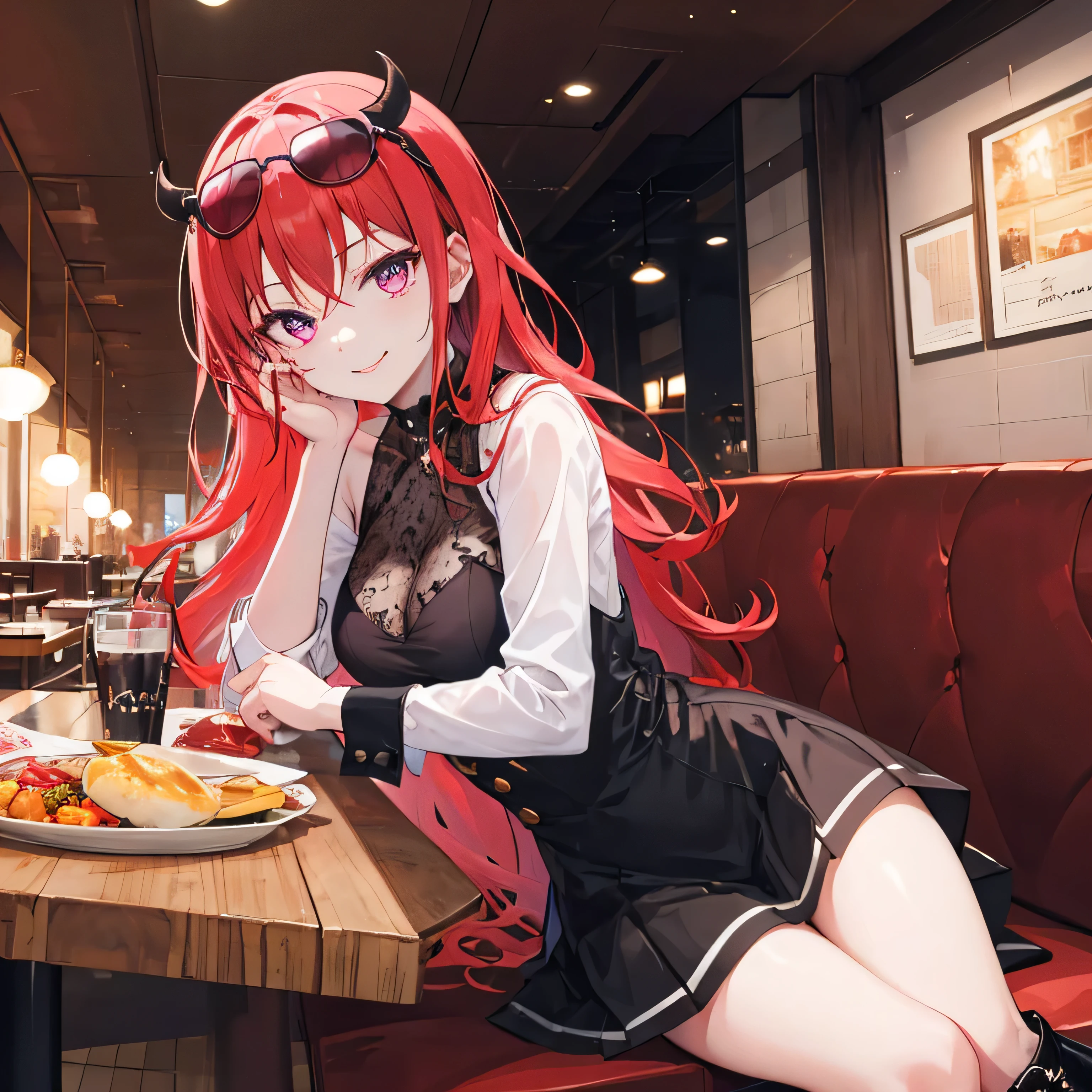 Satanichia Mcdowell posing showing her smile,
dressed in aesthetically dark clothing with black boots and wearing her sunglasses putting on her forehead having a quiet lunch in a restaurant semi-long red hair magenta eyes 