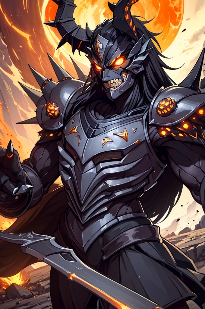 (best quality,4k,highres),(realistic:1.37),ultra-detailed,,medium:oil painting,sharp focus,professional,Original Kaiju armor form of a human, sharp, obsidian-like plates that overlap like armor, Elongated and somewhat reptilian head, with a pronounced crest of jagged obsidian spikes running from the forehead to the back of the neck. Four glowing, amber eyes are set deep in the skulls, arms with massive claws and blades, feet have three large, taloned toes, A long, whip-like tail ending in a mace-like cluster of obsidian spike, orange lines and aura in between armor. HD. city background destroyed highlights and shadows,rich color palette,dynamic brushstrokes,texture and depth,artistic masterpiece.