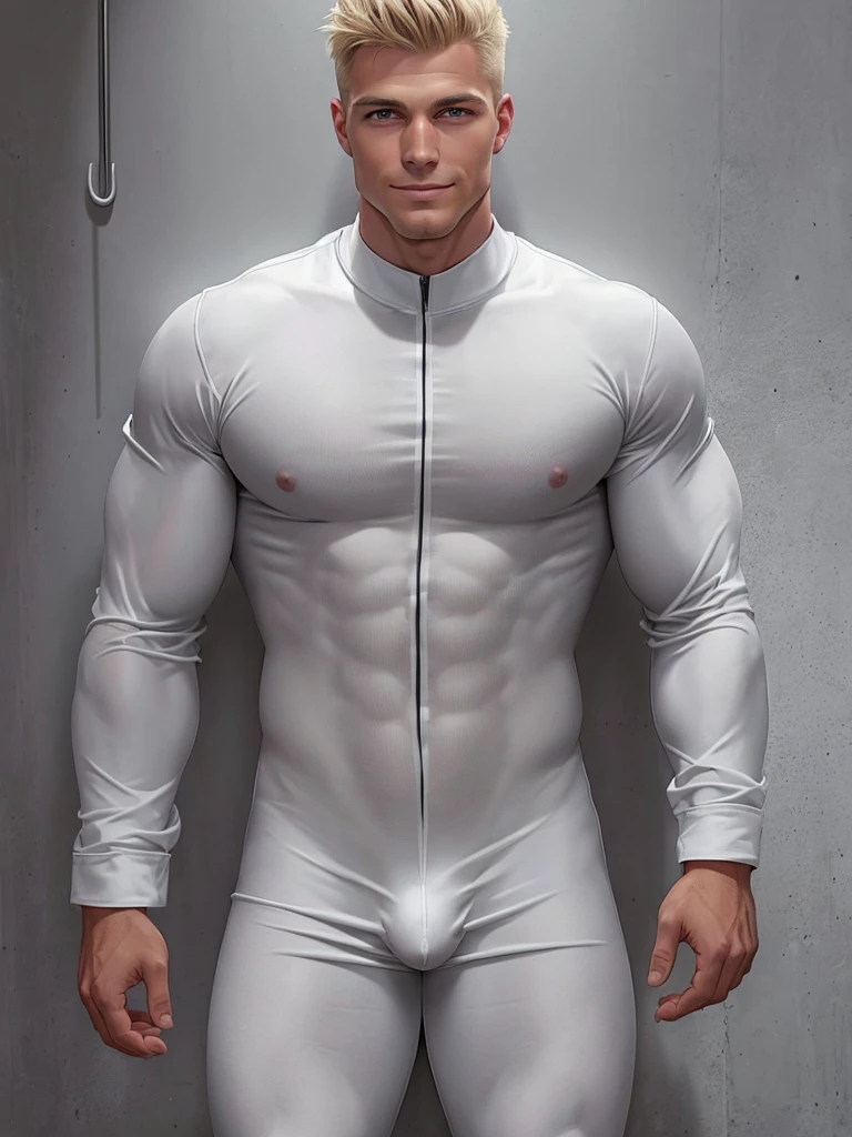 , Portrait of a completely naked arrogant and handsome SEAL fighter, 33 years old, grinning on his face, lieutenant, muscular blond. , the face is carefully shaved, there is hair on the stomach and chest. He has a big dick, a boner, an erection. A thin stream of sperm flows out of the dick. Below him on the floor is a small white puddle of sperm. On a floor hanger against the wall hangs a ceremonial uniform with awards.