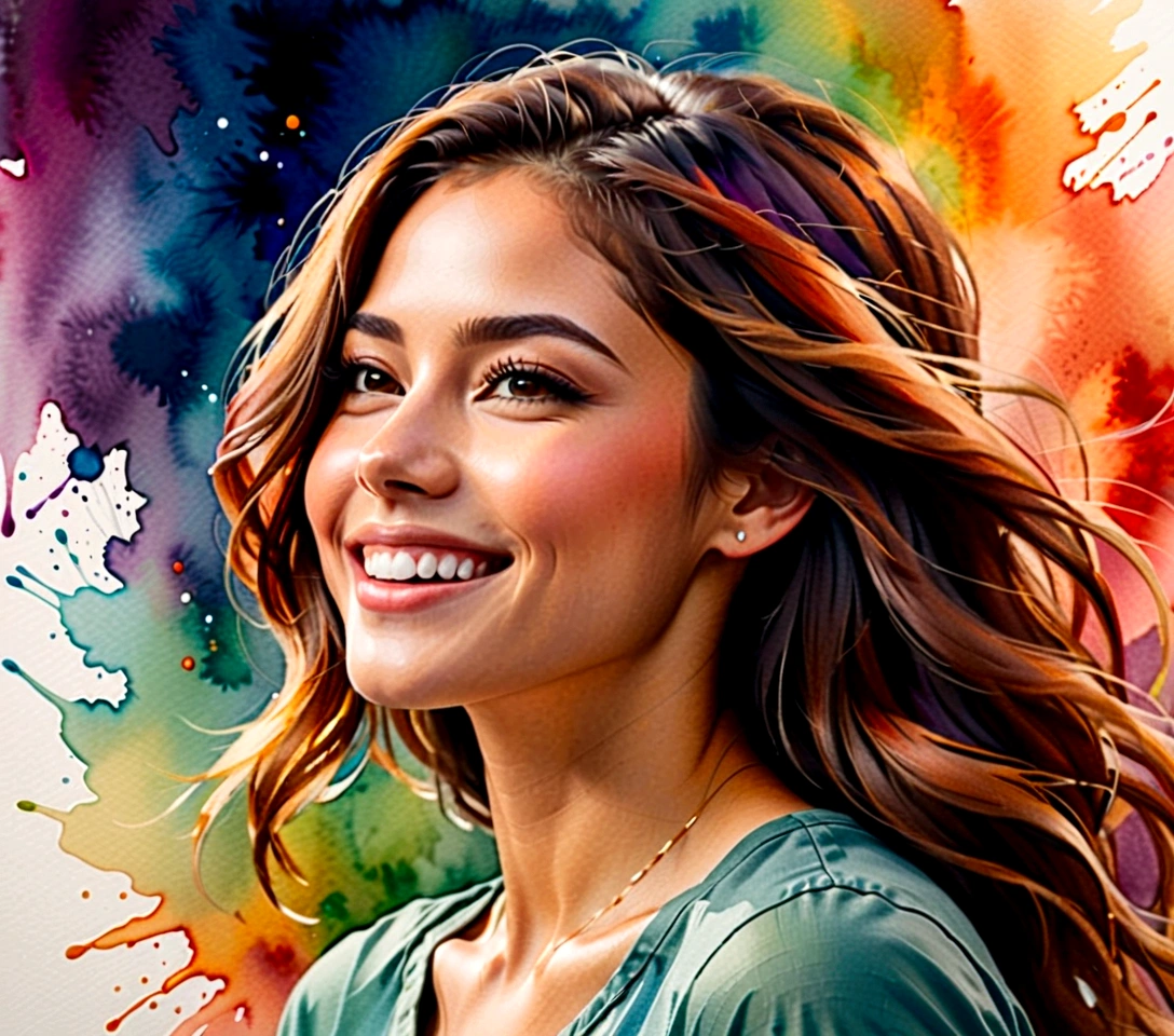 Side view of young woman smiling cheerfully, happy, fulfilled.,watercolor,abstract art,greatly exaggerated