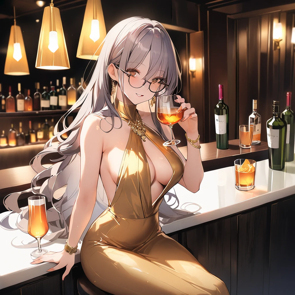 a woman in y dress and multicolored bodysuit holding drink while sitting on counter, 1girl, drinking glass, cup, gold dress, gray hair, breolo, glasses with alcohol, long hair,