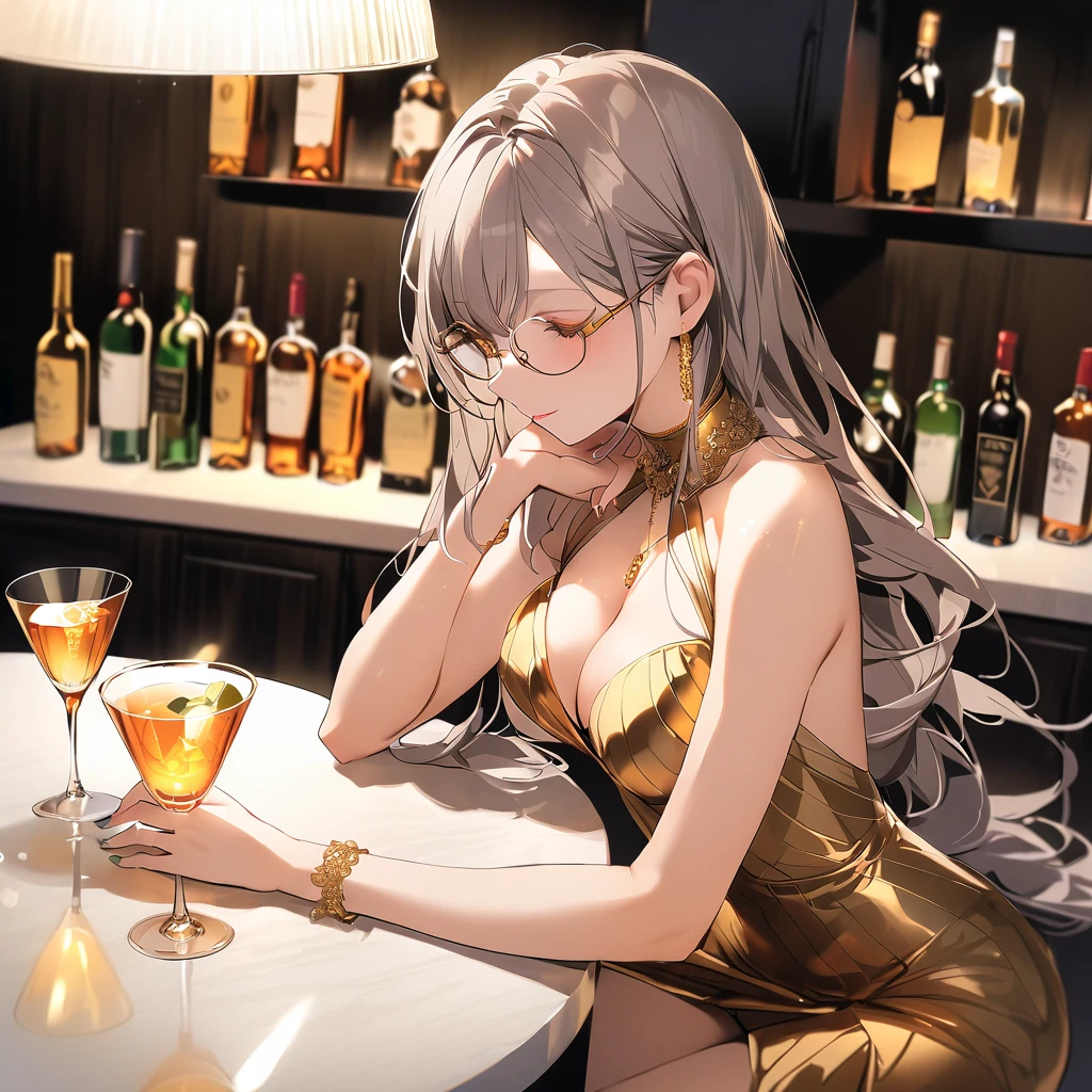 a woman in sexy dress and multicolored bodysuit holding drink while sitting on counter, 1girl, drinking glass, cup, gold dress, gray hair, breasts, solo, glasses with alcohol, long hair,