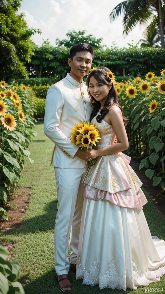 Realistic of filipino couple wedding and wearing a wedding costume the background is garden and many sunflower and pink roses.
