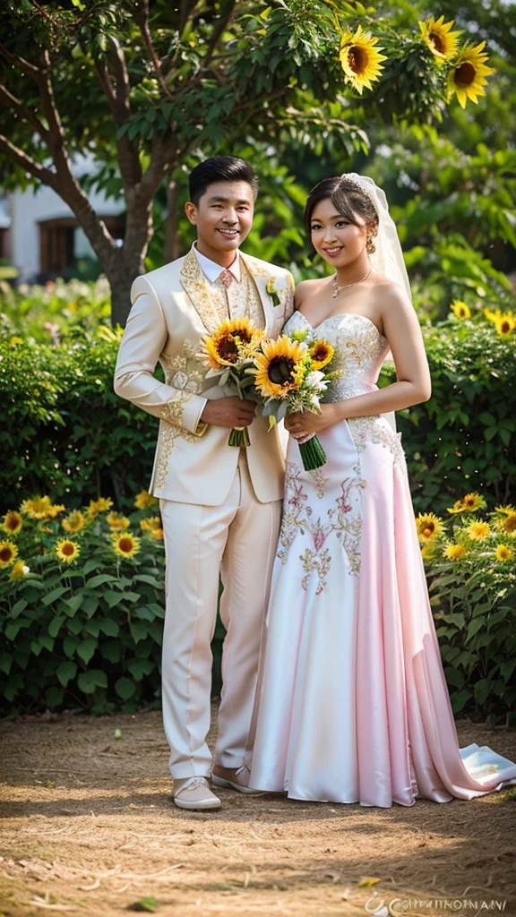 Realistic of filipino couple wedding and wearing a wedding costume the background is garden and many sunflower and pink roses.