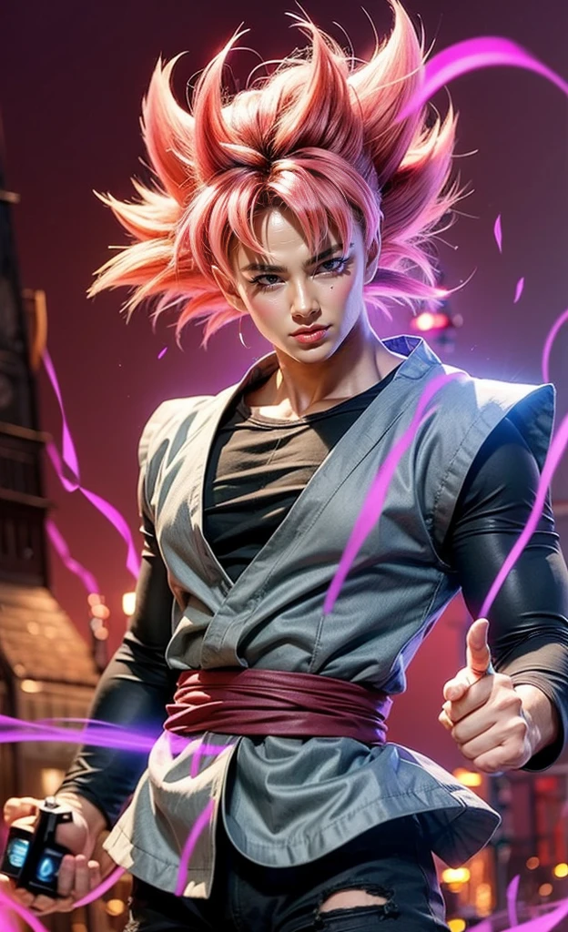 ((masterpiece, best quality)),(complex light), 1boy,solo,upper body, goku black,evil smile, pink hair,pink eyes, destroyed debris background,red aura, cinematic