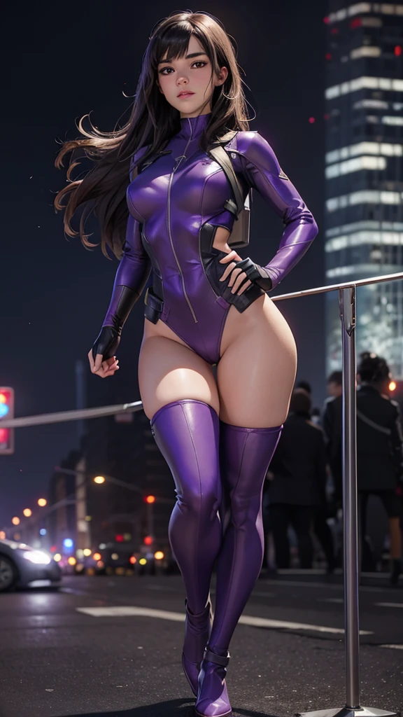 Kate Bishop, a young sexy woman with Hailee Steinfeld's face, skinny body, powerful, beautiful, marvel avenger, wearing a classic sexy superhero suit, ella esta apuntando con su arco y flecha, fighting in a battle against an alien invasion in new york city with tall buildings and the avengers tower in the background, explosions and destruction all around, highly realistic, 4k, maximum detail, photorealistic, semidesnuda.