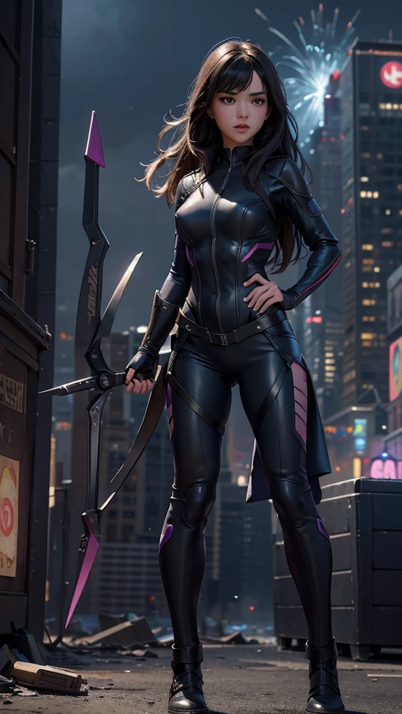 Kate Bishop, a young sexy woman with Hailee Steinfeld's face, skinny body, powerful, beautiful, marvel avenger, wearing a classic sexy superhero suit, ella esta apuntando con su arco y flecha, fighting in a battle against an alien invasion in new york city with tall buildings and the avengers tower in the background, explosions and destruction all around, highly realistic, 4k, maximum detail, photorealistic, semidesnuda.