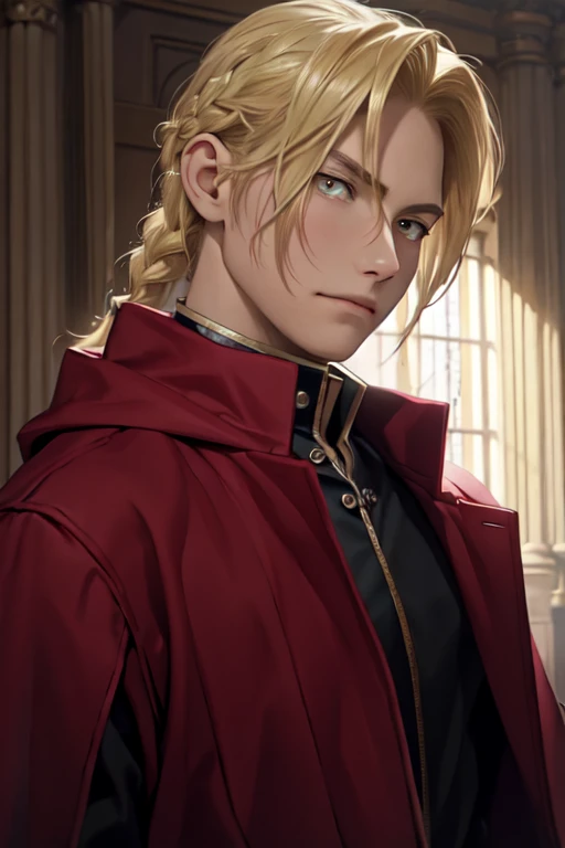 masterpiece, best quality, wallpaper, 1boy, solo, male focus, looking at viewer, realistic, [[edward_elric|blonde ikemen]:edward_elric:16]blonde hair, yellow eyes, braid, single braid, braided ponytail, single mechanical arm, 32k resolution, (upper body:1.5), black clothes, red coat