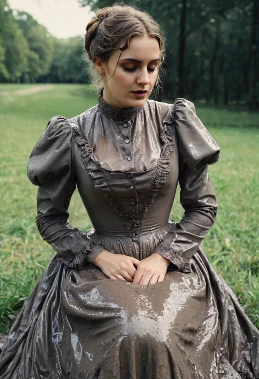 close-up, helpless shy ordinary woman, high waist covered in mud, flared (Victorian dress), deeply sitting on her back in the park, caught in a sexual fetish session, wet clothes, 19th century photo, deep focus, vintage film grain, color correction retro style, soft lighting, ((exposed butt))