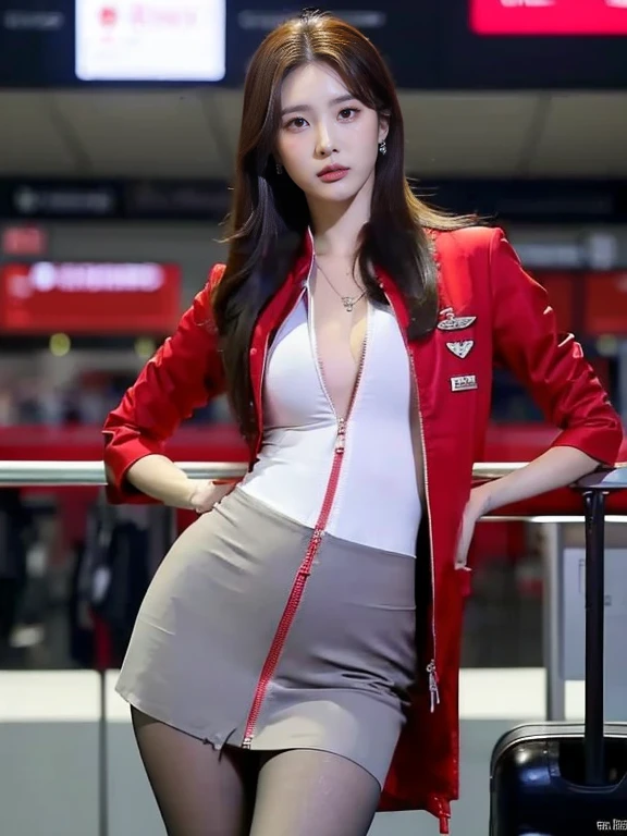 (masterpiece:1.2, highest quality:1.2), 32k HDR, High resolution, (alone, 1 girl), （Realistic style of AirAsia stewardess uniform）, neat woman, beautiful face, brown hair, (long hair down to waist), (red jacket:1.1, Unzipped jacket, unbuttoned white shirt:1.05, red mini skirt:1.1, pantyhose), perfect slim body:1.1, huge breasts, Huge breasts cleavage, detailed skin texture, fine eyes, (fascinating look:1.2), necklace、earrings、(forward leaning posture:1.5, in an airport, London , Heathrow airport,blue eyes
