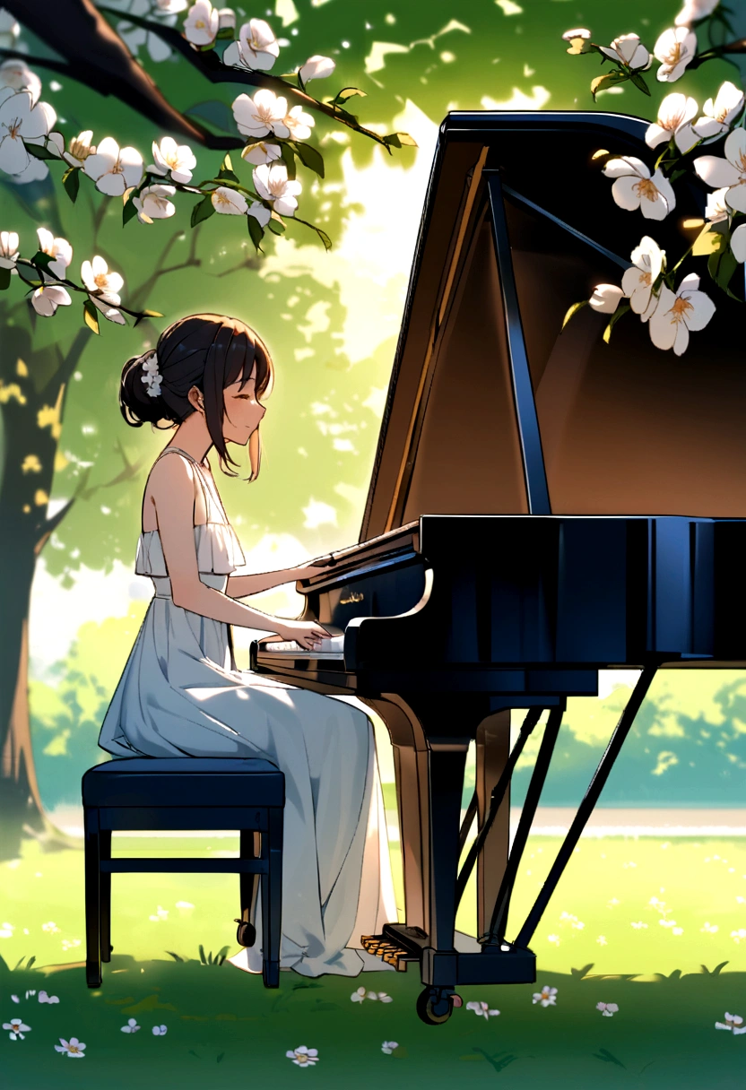 a musical evening in the summer park. flowering trees, a piano. A young girl is sitting at the piano.