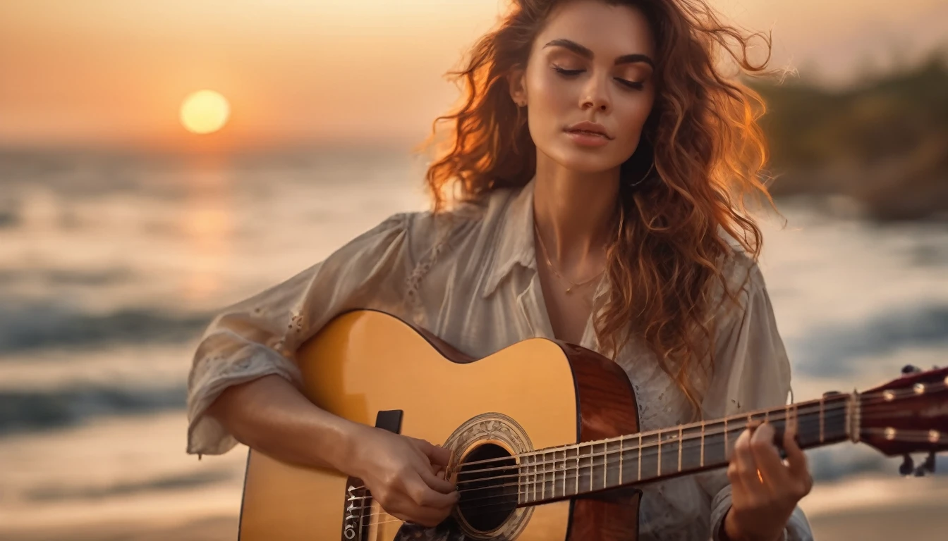 ((best quality)), ((masterpiece)),(detail), perfect face, full body shot of a beautiful woman playing guitar, Clear face, clear guitar, romantic style, retro vintage and romanticism, beautiful sunset nature in background, hyper-realistic photos, 8k, ultra high resolution,sharp faces