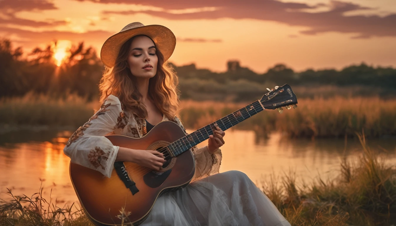 ((best quality)), ((masterpiece)),(detail), perfect face, full body shot of a beautiful woman playing guitar, Clear face, clear guitar, romantic style, retro vintage and romanticism, beautiful sunset nature in background, hyper-realistic photos, 8k, ultra high resolution,sharp faces