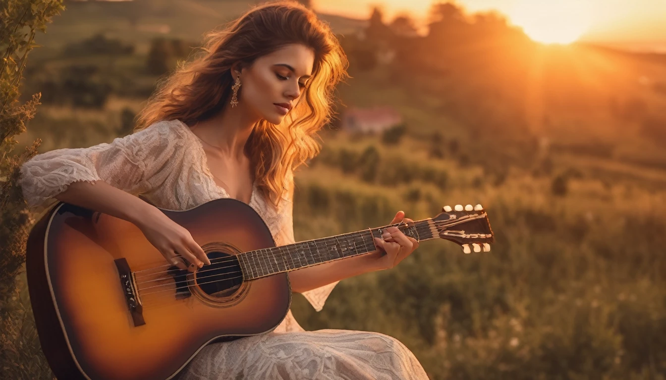 ((best quality)), ((masterpiece)),(detail), perfect face, full body shot of a beautiful woman playing guitar, Clear face, clear guitar, romantic style, retro vintage and romanticism, beautiful sunset nature in background, hyper-realistic photos, 8k, ultra high resolution,sharp faces