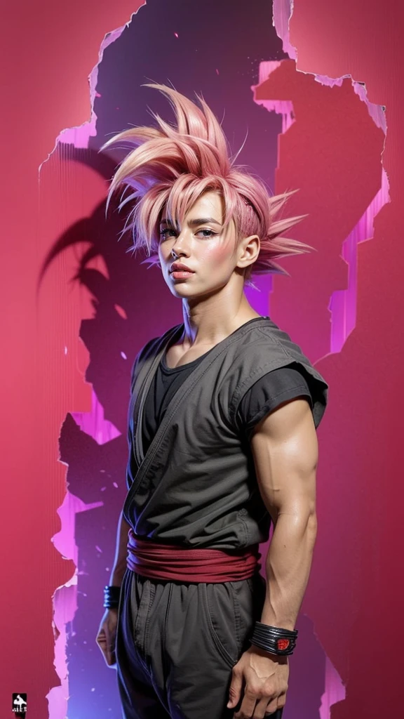 ((masterpiece, best quality)),(complex light), 1boy,solo,upper body, goku black,pink hair,pink eyes, destroyed debris background,red aura, cinematic