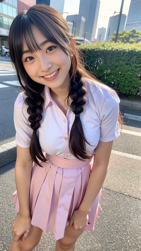 Raw photo、Ultra-realistic、Ultra detailed face、Detail lips、Detailed eyes、High school girl smiling showing her teeth、Long Hair:1.1、chest、Visible curves、Laughing with your mouth open 、Tokyo city角、 Whole body、( Slender body)、(Long Hair)、Big Breasts、Idol、(pastel colour)、18-year-old、Small face、Braid、 Tokyo city、Long beautiful legs 1.2、Curved waist、flower、uniform、blouse