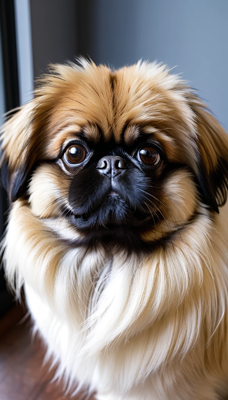 There is no one, realistic photo, photo realism, realism, Pekingese (Pekingese), perfect composition, intricate details, Very sharp, masterpiece, profile, high resolution, looking at the viewer, Full body photo in a comfortable atmosphere indoors