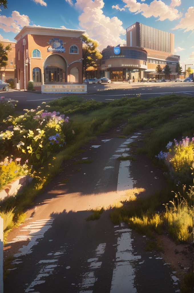 painting of a large building with a sign in front of it, town center background, mall background, photorealistic imagery, a photorealistic rendering, photorealistic streetscape, realistic photo of a town, pixar rendering, realistic establishing shot, realistic cgi render, detailed photo of virtual world, digitally painted, photorealistic landscape, rich environment, beautiful environment, photorealistic rendering