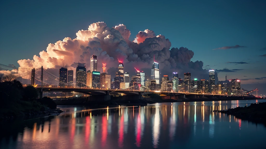 A dramatic scene of a city during a lunar eclipse, (best quality,4k,8k,highres,masterpiece:1.2),ultra-detailed,(realistic,photorealistic,photo-realistic:1.37),intricate futuristic cityscape,modern architecture,glowing moonlight,dramatic cloud formations,silhouetted buildings,neon lights,reflections in puddles,cinematic composition,moody atmosphere,vibrant colors,dramatic lighting