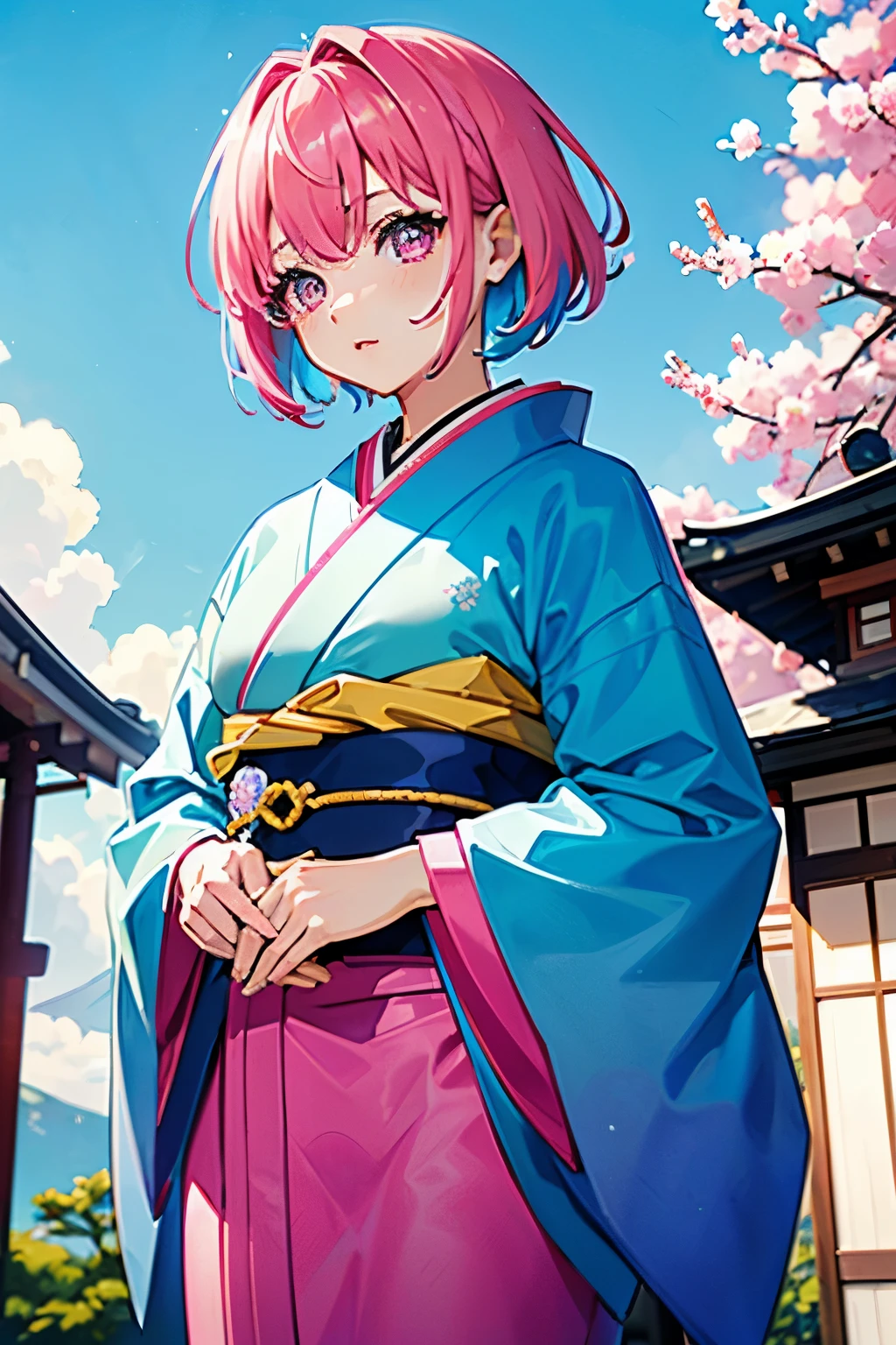 (masterpiece 1:1),(ultra hd picture), ((girl 1/girl 2) two Twin anime girls Short hair with different hair colors wearing japanese kimono with different color holding hands each other Love each other pose side by side), (girl 1 hair color pink mix with sky blue, primary hair color:pink, secondary hair color: sky blue, secondary hair color is a accent) ,(girl 1 kimono color blue with yellow accent).(girl 2 hair color sky blue mix with pink, primary hair color:sky blue, secondary hair color: pink, secondary hair color is a accent ),(girl 2 kimono color pink with yellow accent). Glowing eyes, HD results, best picture, cinematic angle, lovely expression, cute faces, Detail eyes, (4 fingers), Japan idols stages background.