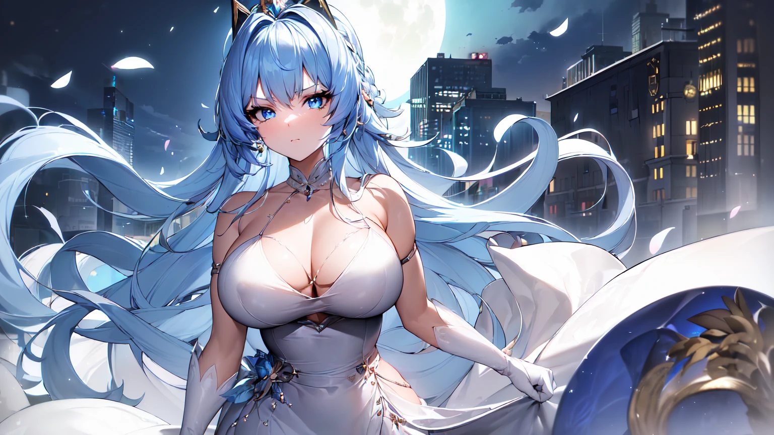 ((((Obra maestra, La mejor calidad, ultrahigh resolution)))), 1girl, standing,), ((long pure blue hair, hair over eye)), long hair cut, shiny skin, ((blue eyes)), glowing_eyes, neon eyes, (ultra detailed eyes:0.7, beautiful and detailed face, detailed eyes:0.9), ((centered)), smirk, facing viewer, ((vibrant background, dark lighting, summer, sunlight)), large chested, looking at viewer, ((half closed eyes)), ((perfect hands)), (((head:1, arms, hips in view, elbows, in view))), ((hands behind back)), empty eyes, beautiful lighting, ((outside, outdoors)), defined subject, head tilt, (((gritty)), ((creepy)), ((cool)), ((beautiful)), (((SFW))), hair ornament, petals in the air, moon in the sky, city, mature woman, adult woman, sfw, pink and white dress, night dress, she is a princess