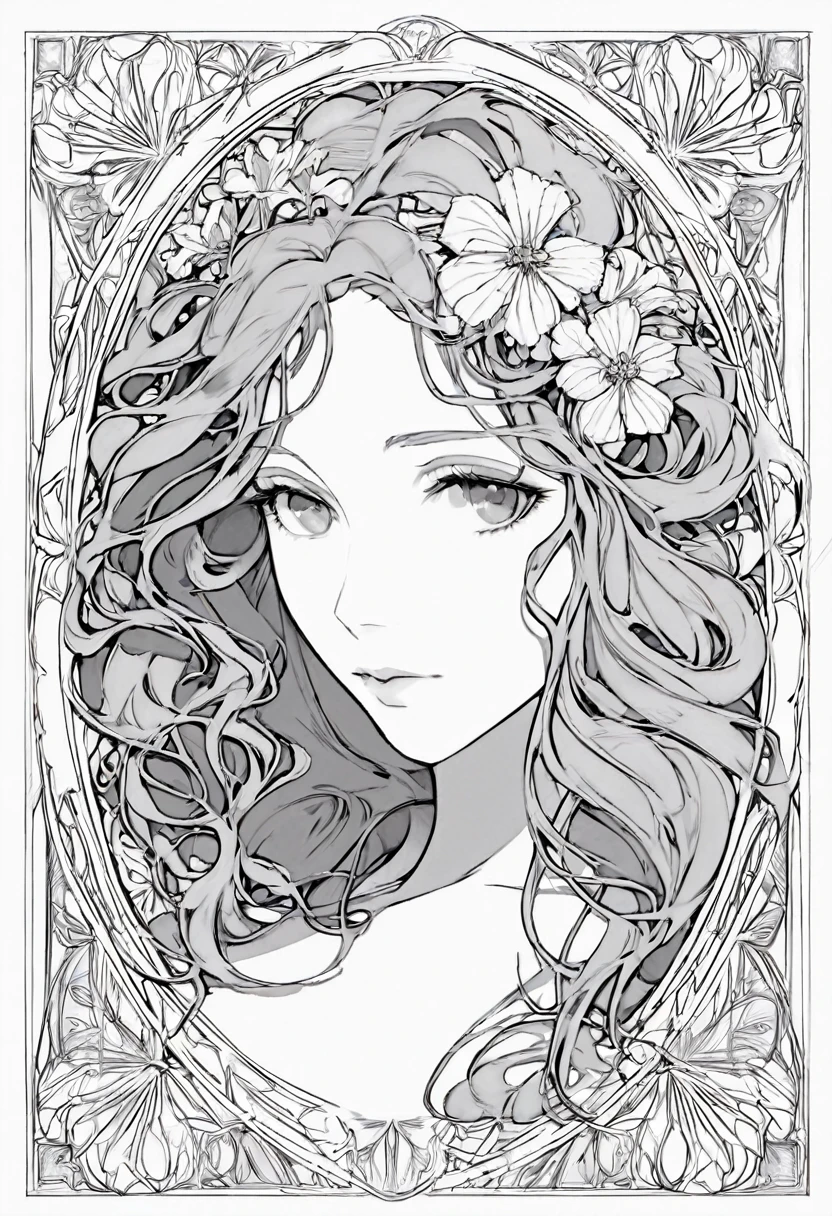 a white and black European women's face portrait with a white background, long curly hair, floral frame, decorative panel, abstract Art by Alphonse Mucha, sketch, character lines and scenes without colors and shadows. Detailed, Intricate Details, line art, Fibonacci