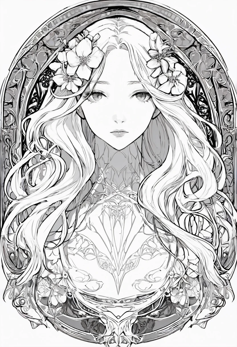 a white and black European women's face portrait with a white background, long curly hair, floral frame, decorative panel, abstract Art by Alphonse Mucha, sketch, character lines and scenes without colors and shadows. Detailed, Intricate Details, line art, Fibonacci