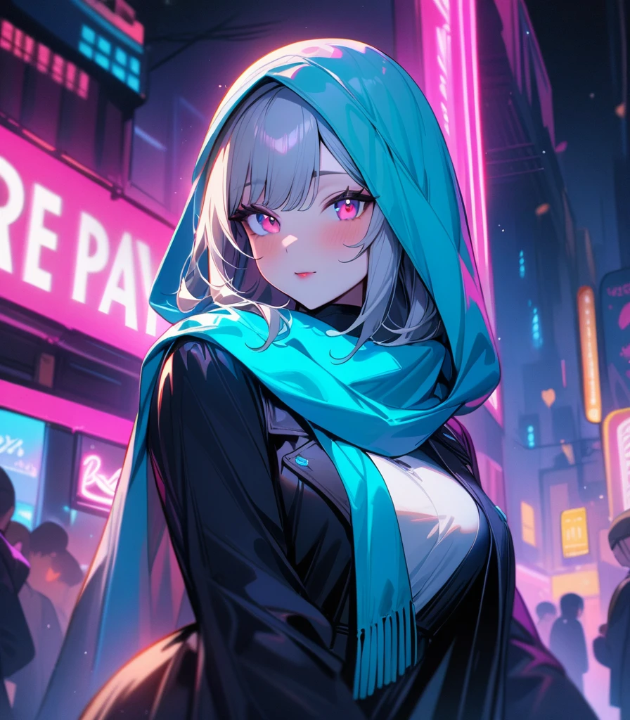 57 masterpiece, girl (( Highly detailed, high resolution, best quality )) Scarf, hijab, black dress, neon cyan coat, breathtaking, elegant, rosy cheeks, reddish lips, crystal eyes, bright lights, bright peach neon heart