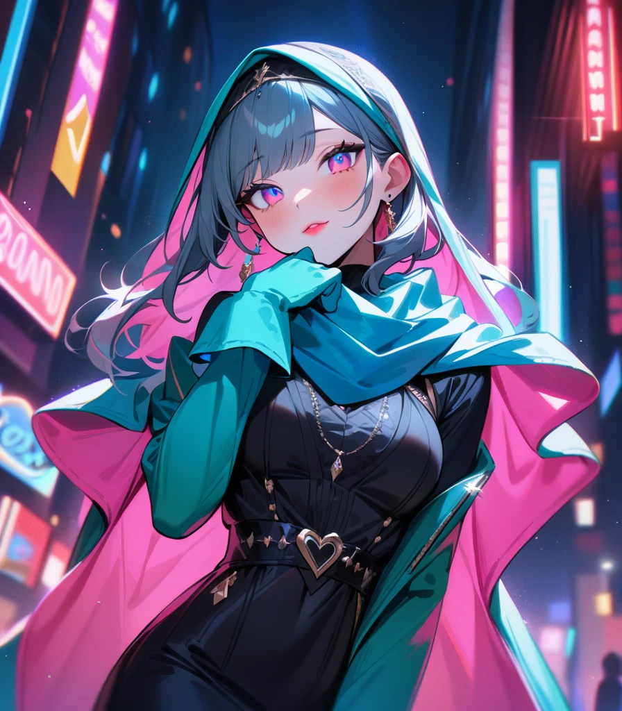 57 masterpiece, girl (( Highly detailed, high resolution, best quality )) Scarf, hijab, black dress, neon cyan coat, breathtaking, elegant, rosy cheeks, reddish lips, crystal eyes, bright lights, bright peach neon heart 