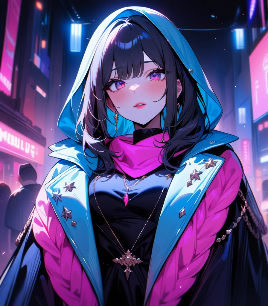 57 masterpiece, girl (( Highly detailed, high resolution, best quality )) Scarf, hijab, black dress, neon cyan coat, breathtaking, elegant, rosy cheeks, reddish lips, crystal eyes, bright lights, bright peach neon heart