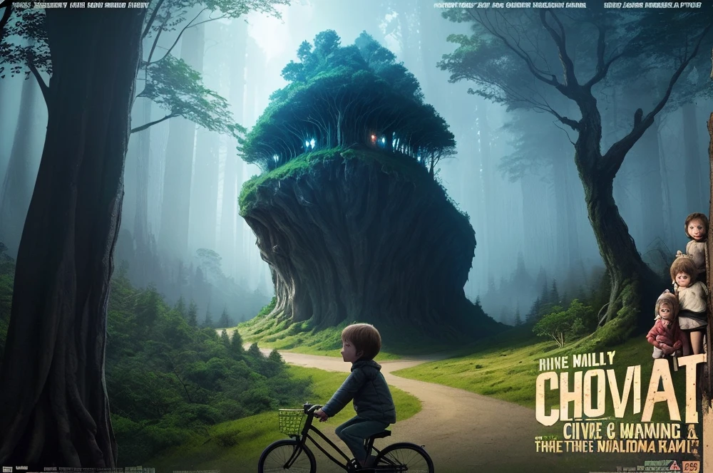 (Best quality, movie poster style), the forest, city and cave, and children and a bicycle: 1,2), (Outstanding Children&#39;s Fantasy Writer: 1,1), (The perfect combination of elements.)