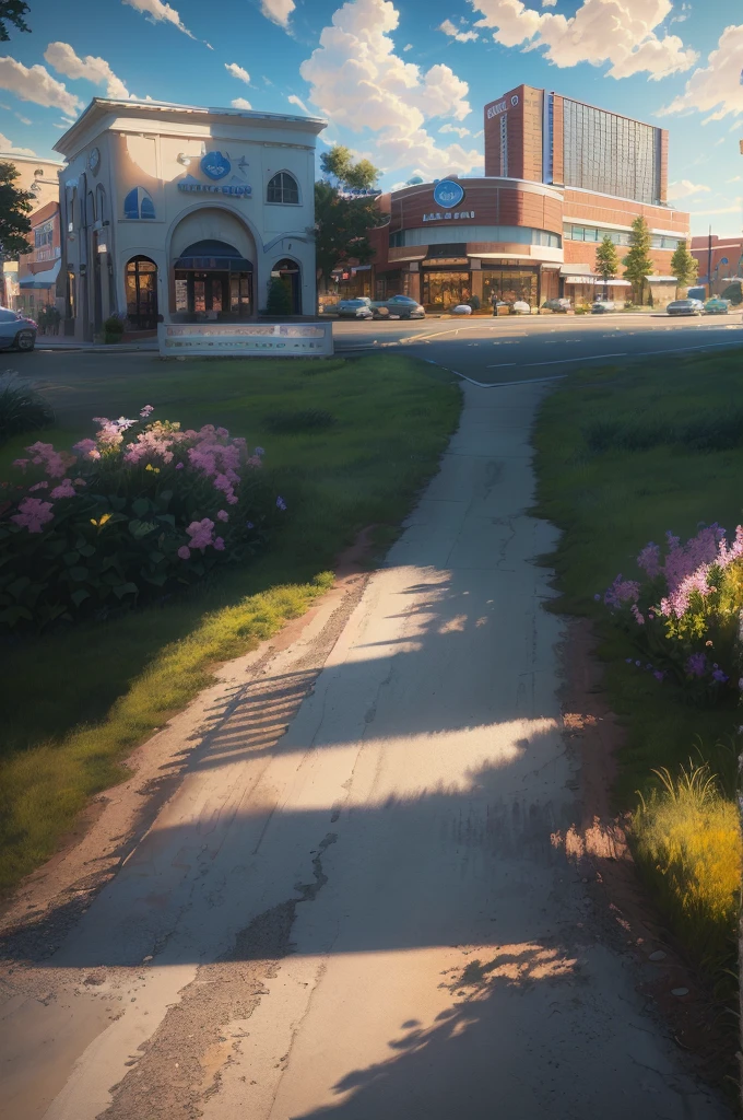 painting of a large building with a sign in front of it, town center background, mall background, photorealistic imagery, a photorealistic rendering, photorealistic streetscape, realistic photo of a town, pixar rendering, realistic establishing shot, realistic cgi render, detailed photo of virtual world, digitally painted, photorealistic landscape, rich environment, beautiful environment, photorealistic rendering