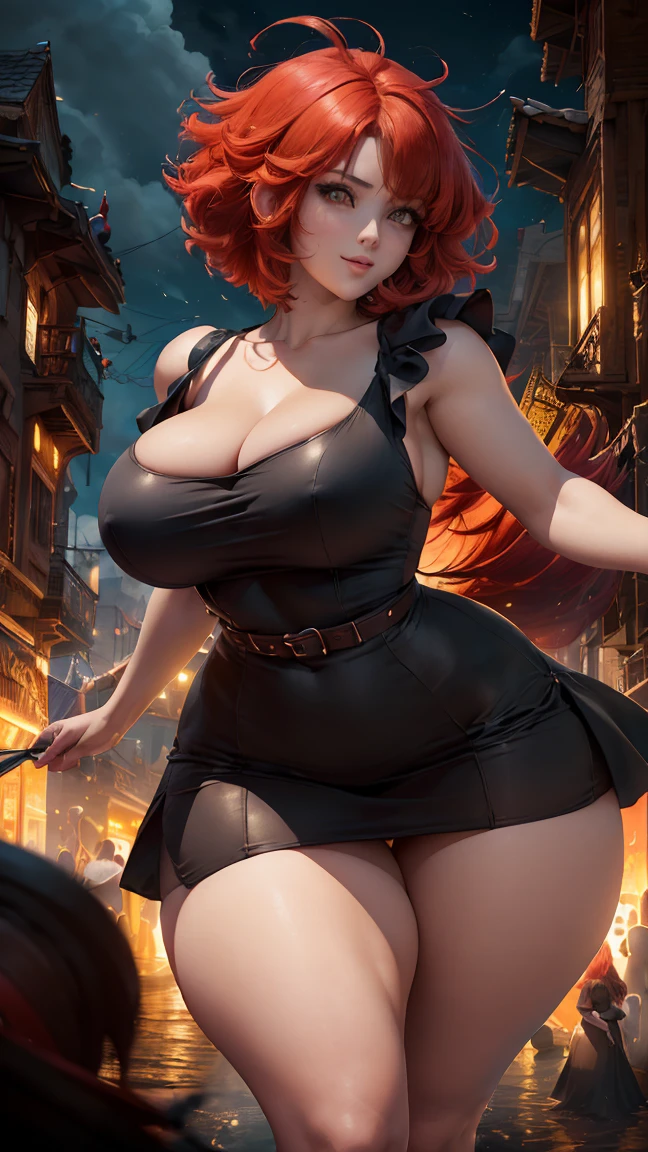 (Masterpiece), Best Quality, 1woman, 23 years, She has short flowing light RED hair, straight hair, (short hair: 1.5), (Red hair: 1.35), (messy hair), red eyebrows, (Brown eyes: 1.35), (large breasts: 1.35), (huge breasts: 1.35), (thick thighs: 1.35), (Wide hips: 1.35), big chest, (fitness girl: 1.0), well shaped body, (White skin: 1.35), (((wearing a tight dress, eye-catching, sexy dress, visible bust, black dress, elegant refinated dress, long dress, visible legs))), (night party, cold illumination, people background), (detailed background), 8k quality, wallpaper, high quality, cinematic lightning, happy, gentle face, expressive face, (detailed face), The face is well lit, (detailed eyes), pretty eyes, (smiling), big smile, (centered,Scale to fit dimensions,rule of thirds), high resolution,sharp focus,(ultra detailed,extremely detailed),(photorealistic artwork:1.37),(extremely detailed CG unity 8k wallpaper),(((vibrant colors,vibrant theme))), (gigantic breasts: 1.35), (dynamic pose: 1.5), (sexy pose), (american shot), thigh high 