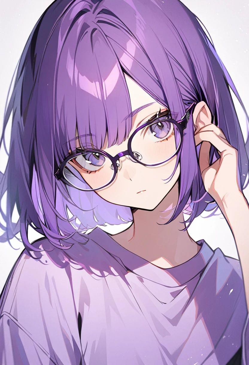 1girl, solo,purple eyeliner, Purple straight bob cut hair,black eye,glasses,light purple shirt ,Expressionless,adjusting eyewear,(head tilt),look at viewer