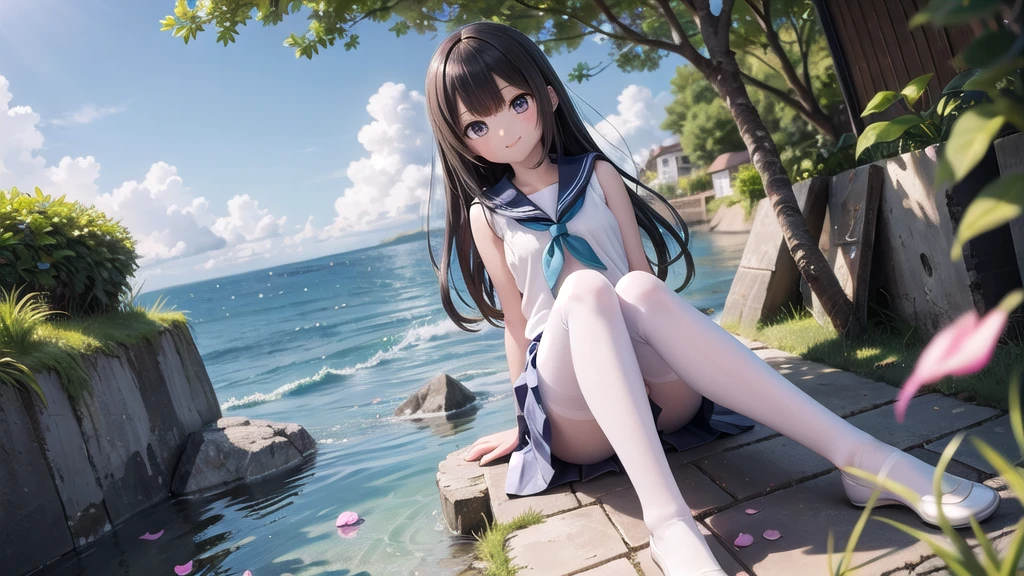 wallpaper, Clear face, (masterpiece),  town,  blue sky,  One Girl, Place the person on the right,  smile,  alone,  Sailor suit、Long skirt,  Overgrown,  petal,  plant、Skirt lining、White slip、nostalgic、Grey pantyhose、I can see the ocean in the distance, Crotch close-up