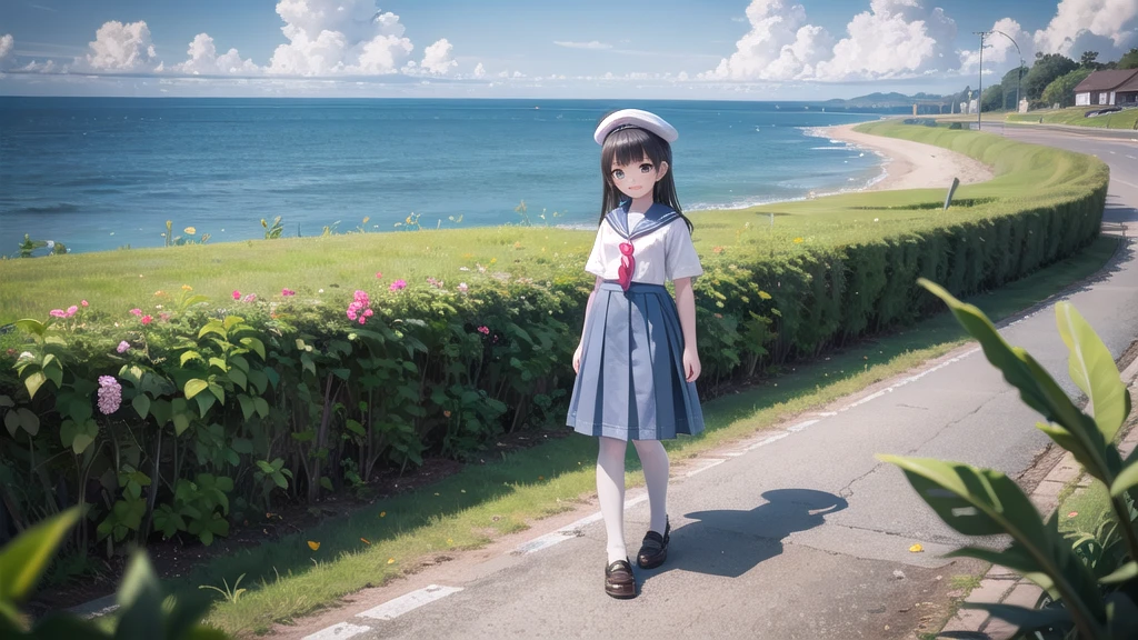 wallpaper, Clear face, (masterpiece),  town,  blue sky,  One Girl, Place the person on the right,  smile,  alone,  Sailor suit、Long skirt,  Overgrown,  petal,  plant、Skirt lining、White slip、nostalgic、Grey pantyhose、I can see the ocean in the distance, Crotch close-up